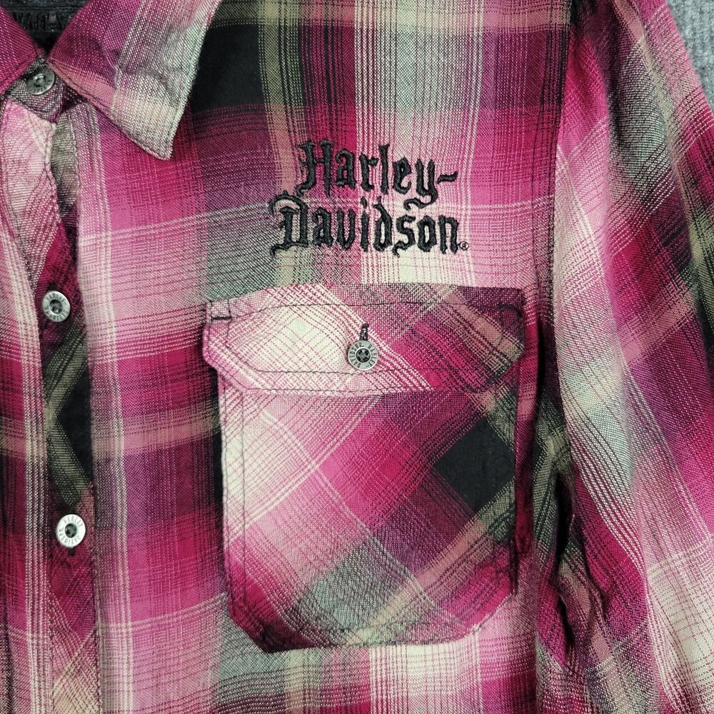 HARLEY DAVIDSON Pink Plaid Floral Embroidered Western Button Up Shirt SIZE XL - Picture 5 of 16